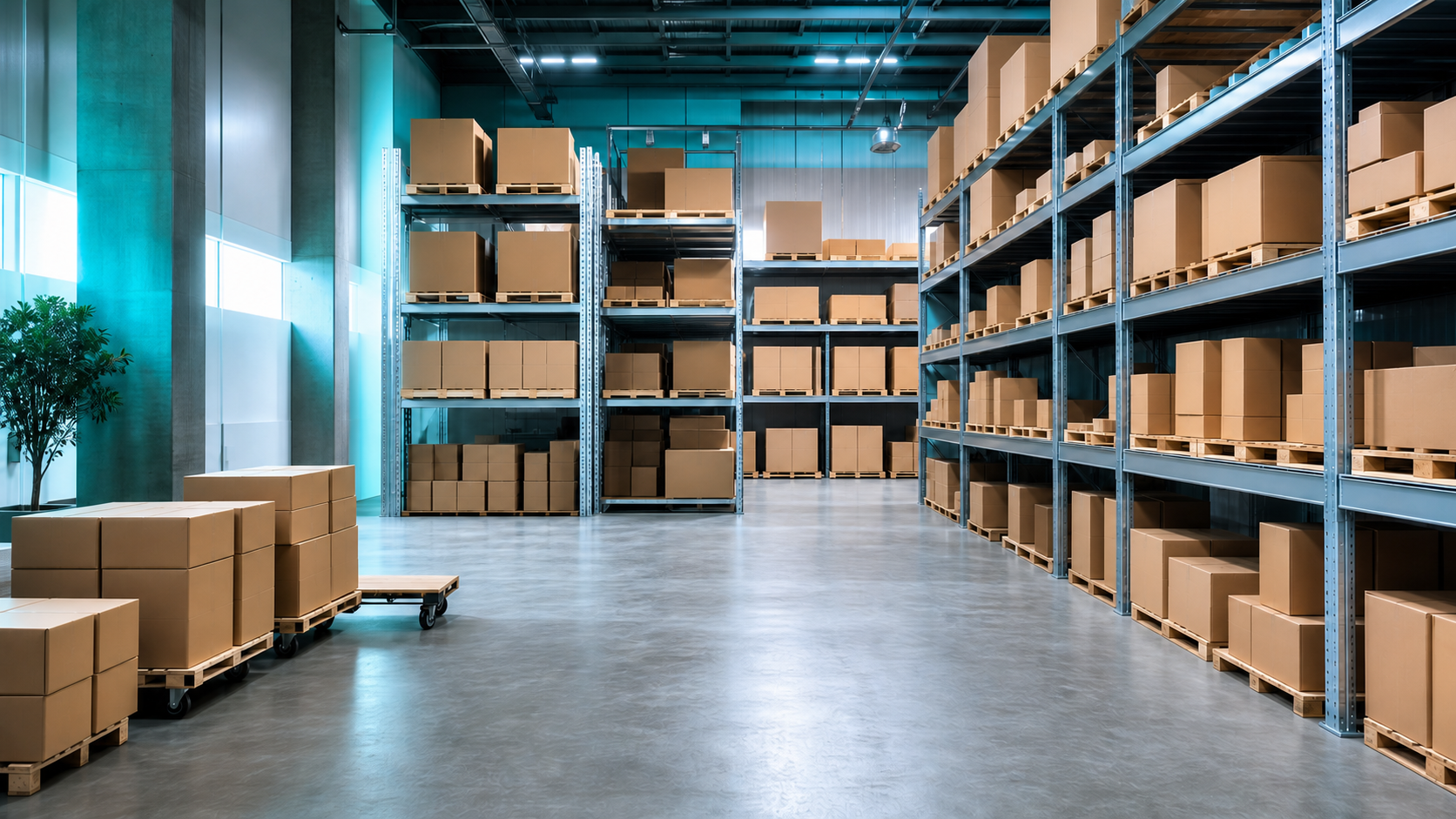 A clean modern distribution warehouse with orderly shelving and packaged stock
